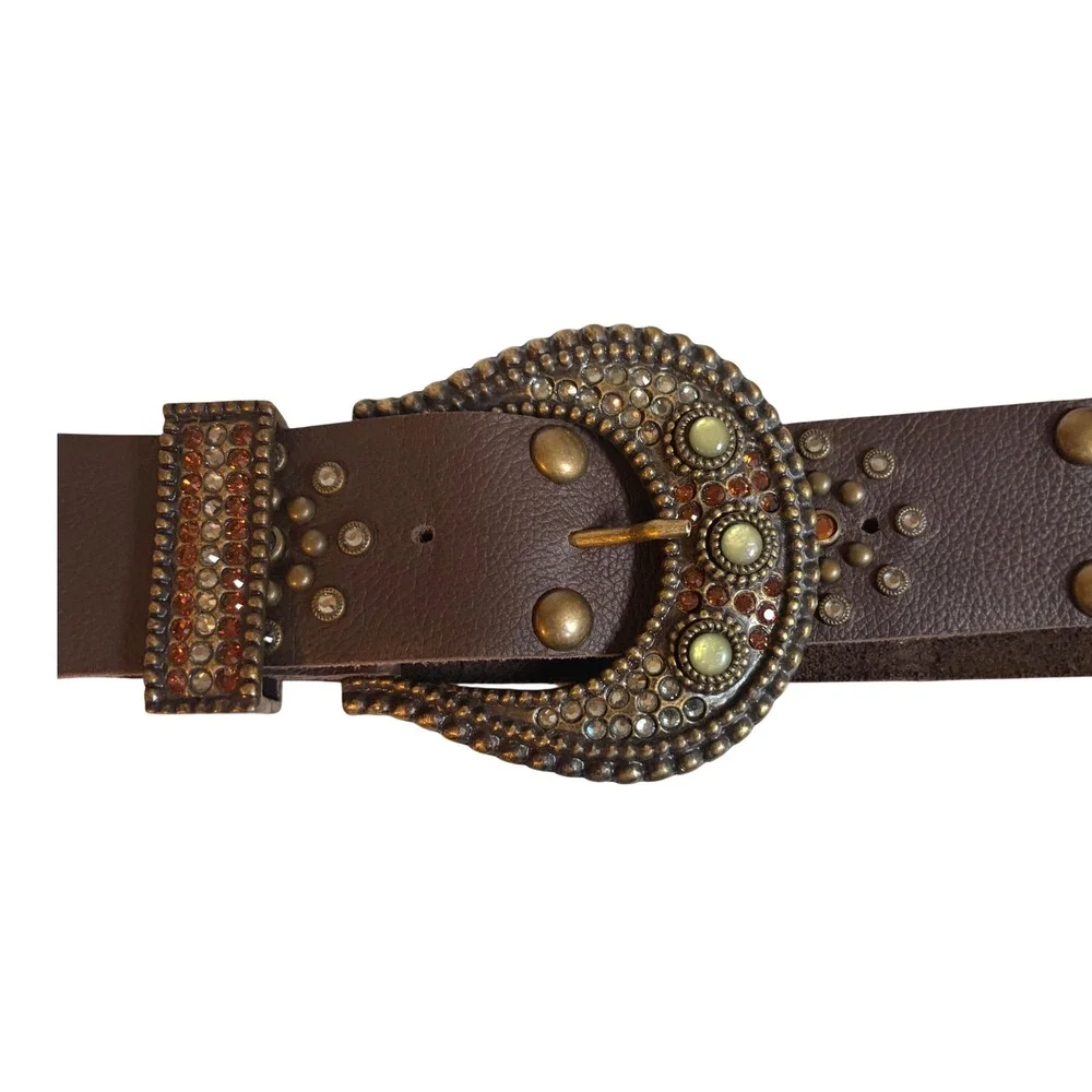 Vintage LEATHERROCK USA Brown Leather Western Rhinestone Belt Boho 41